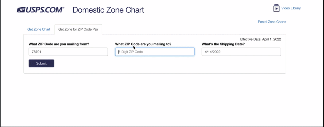 USPS's zone locator tool
