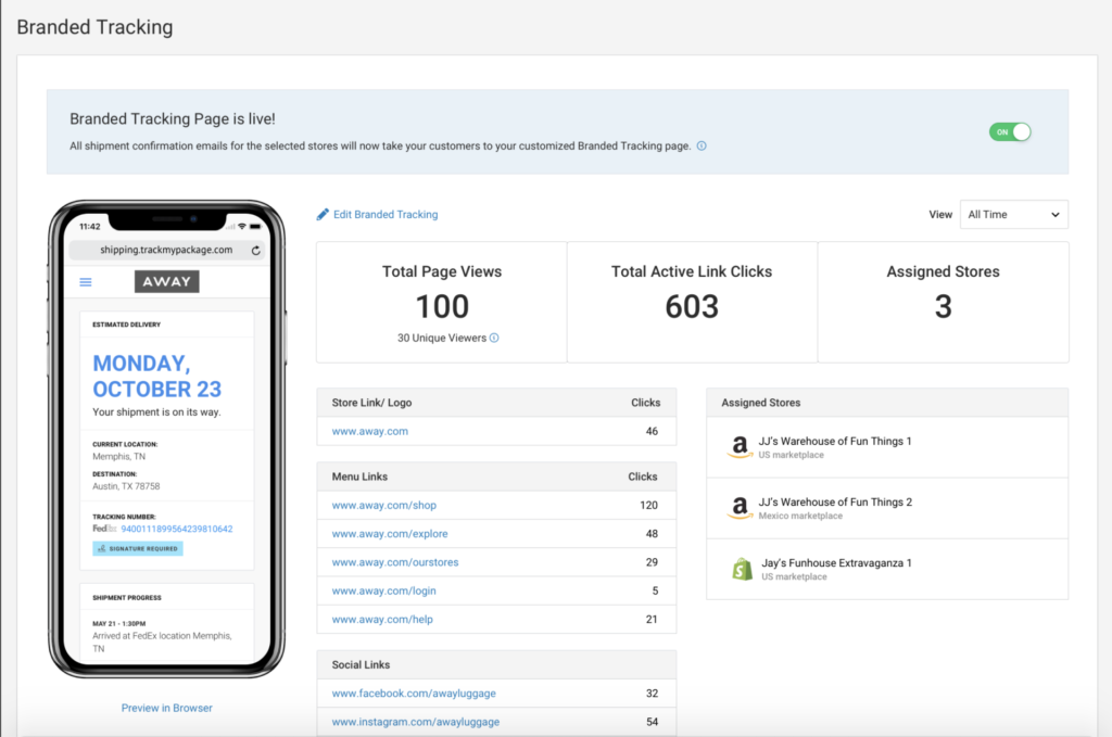 Branded Tracking dashboard from ShippingEasy