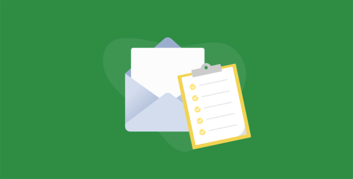 Envelope with paper inside next to a checklist on a clipboard