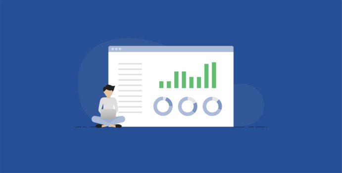 Animated man with metrics of bar and circle graphs