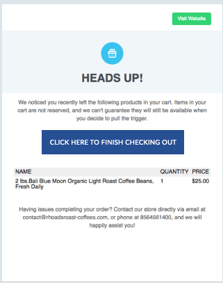 Abandoned Cart email example RhoadsRoast