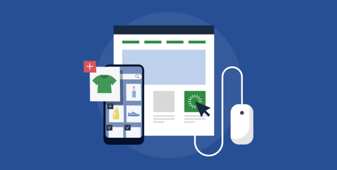 A phone and mouse sit on either side of a computer to represent online shopping and retail.