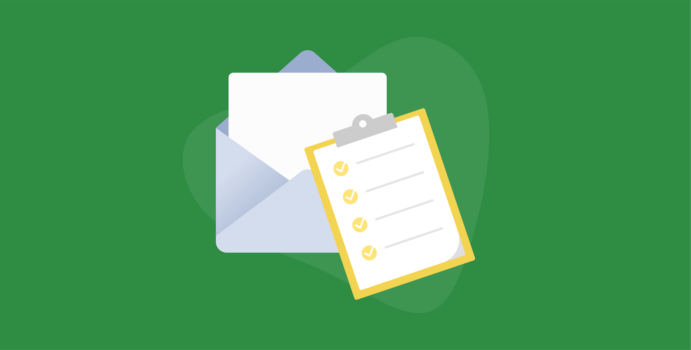 Envelope with paper inside next to a checklist on a clipboard