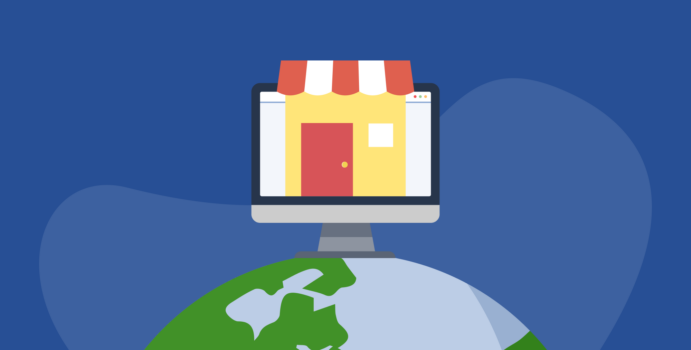 A computer screen with an marketplace to present online marketplaces sits on top of the globe.