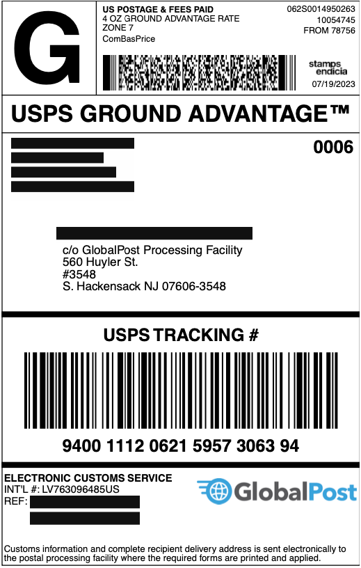 This is an example of a GlobalPost label that has a processing facility as the recipient.