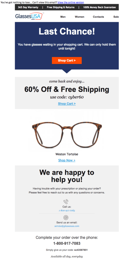 Abandoned cart email example GlassesUSA