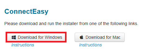 Windows users will select Download for Windows to begin the ConnectEasy installation process. 