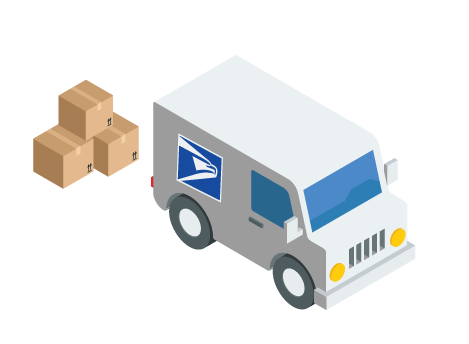 Digital design of USPS shipping truck delivering packages.